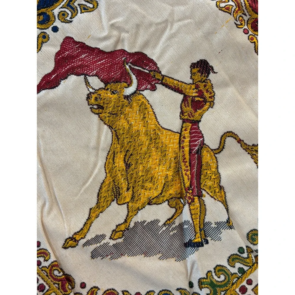 Vintage Spanish Tablecloth Tapestry Matador Bullfighter Woven Fringed Square 57